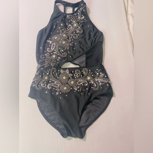 Five 5 Dance costume solo custom black leotard rhinestoned PA petite Small adult - Picture 4 of 12
